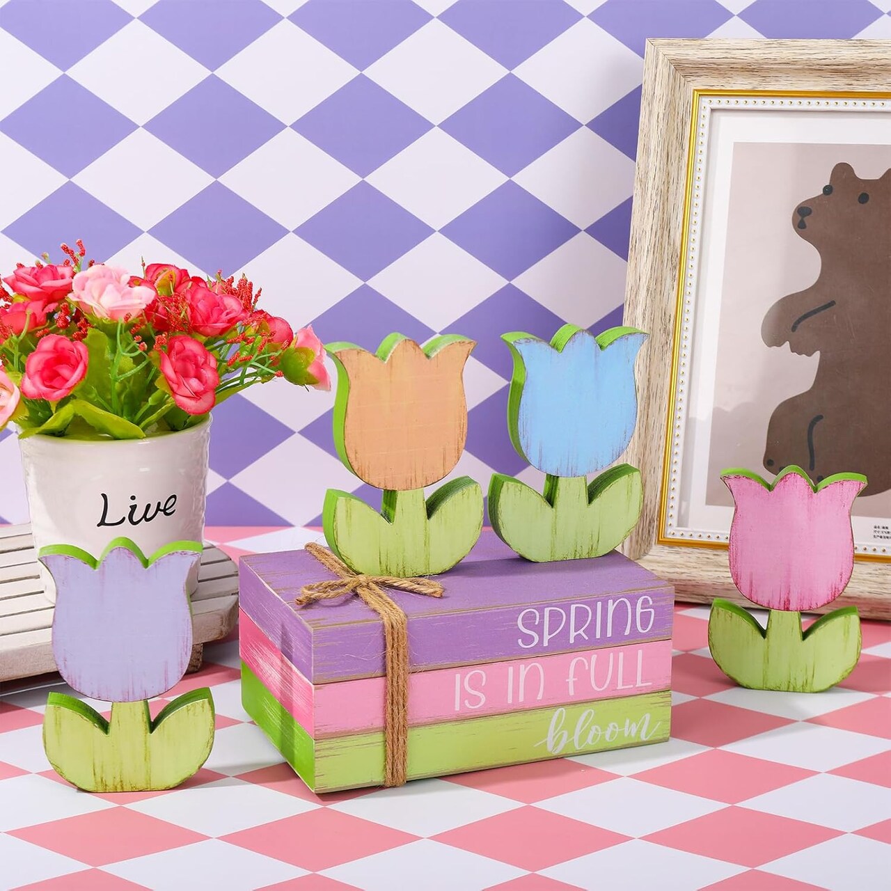 7Pcs Spring Wooden Tiered Tray Decor Farmhouse Faux Stacked Books Pastel Tulip Floral Table Centerpiece Block Signs for Party Home Kitchen